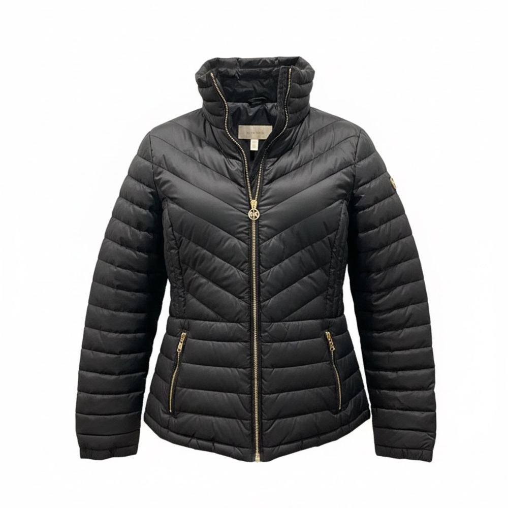Michael Kors Quilted Black Puffer Jacket with Gold Accents